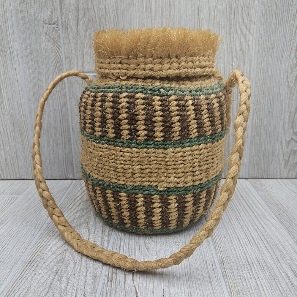 Vintage‎ Coiled Hand Woven Tote BASKET With Attached Lid 10" X 8"